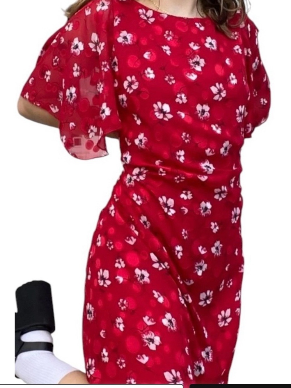 Karl Lagerfeld Paris Red Floral Flutter Sleeve Shift Dress - Size 8